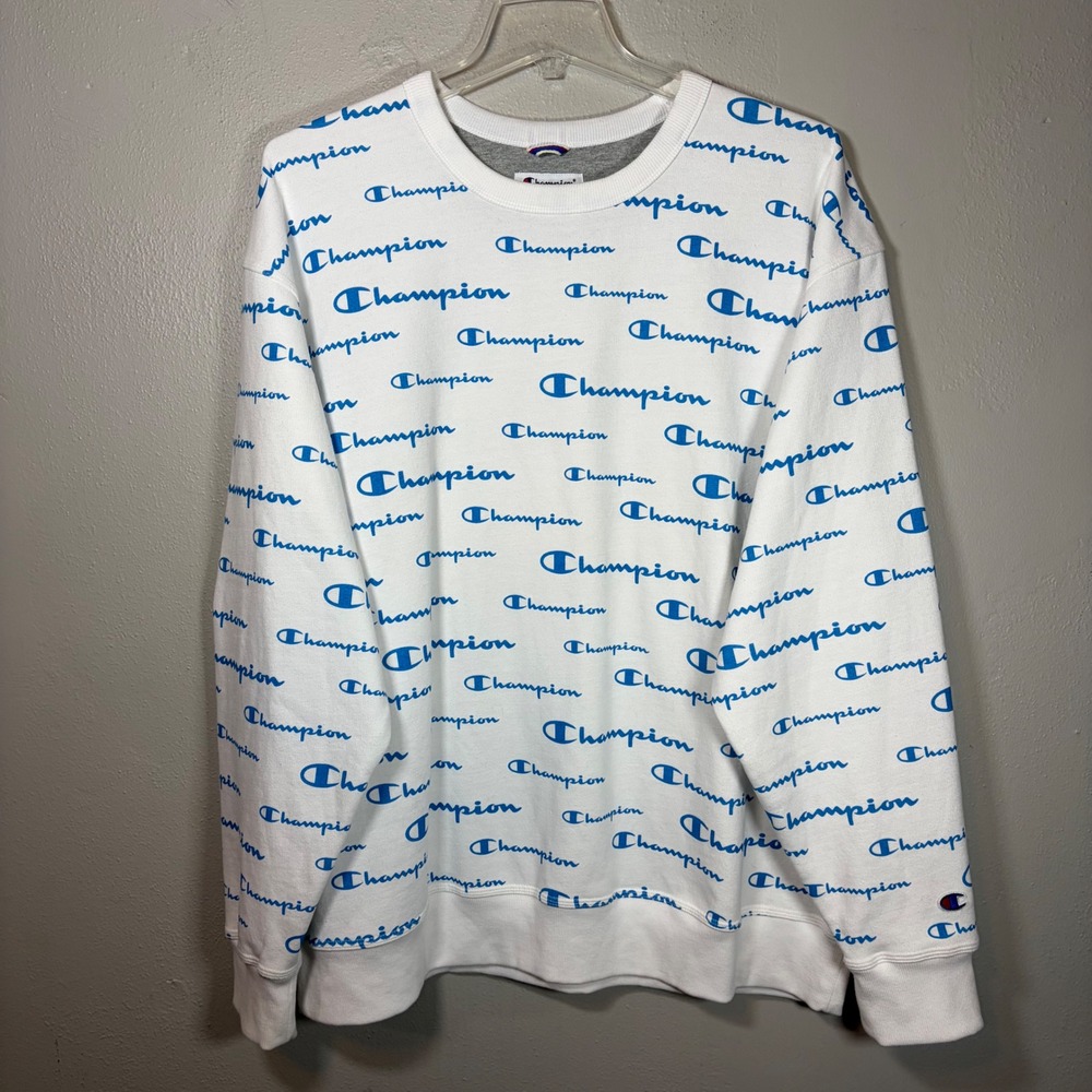 Champion Mens All Over Script Logo Print Crewneck Sweatshirt White Blue 2XL